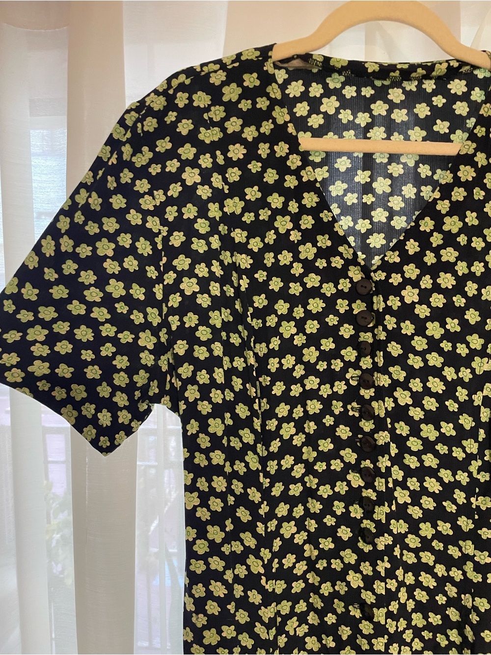 Vintage Navy Maxi Dress with Green Floral Print